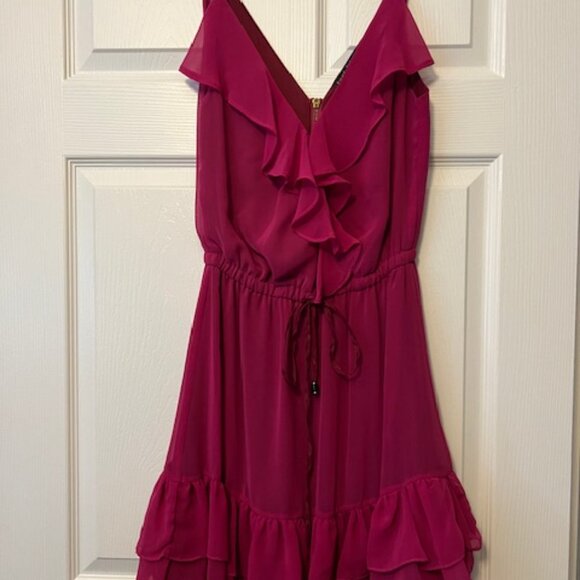 Used Pure Sugar Ruffle Mini Dress Size XS Dark Pink w/ Burgundy Straps and Tie - Picture 2 of 4